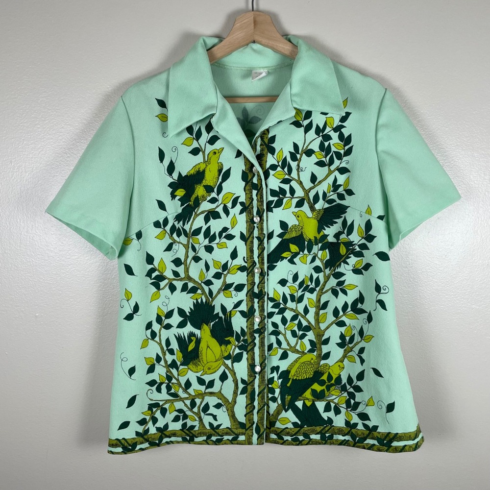 Vintage Women's L Blouse Mint Green Bird Tree Short Sleeve Retro Old Money